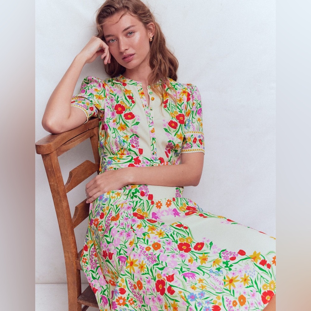 Boden Floral Midi Dress in Cream with Multicolor Print - Picture 4 of 14